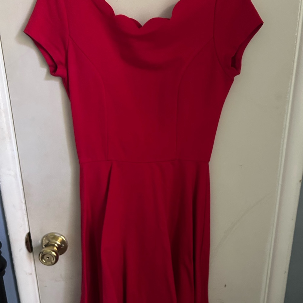 love...ady Red Scallop-Neck Midi Fit & Flare Dress